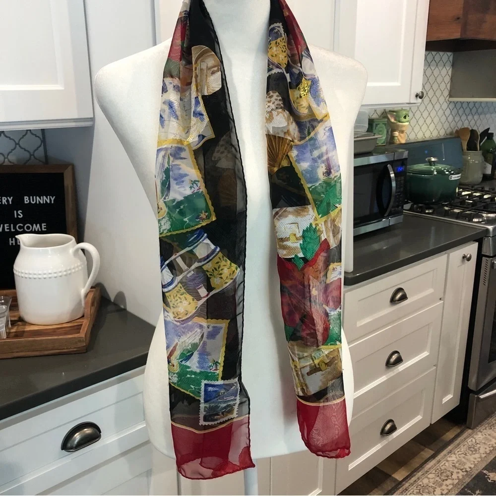 Vintage Liz Claiborne Scarf Wrap Vacation Time Travel Novelty Print Rectangular